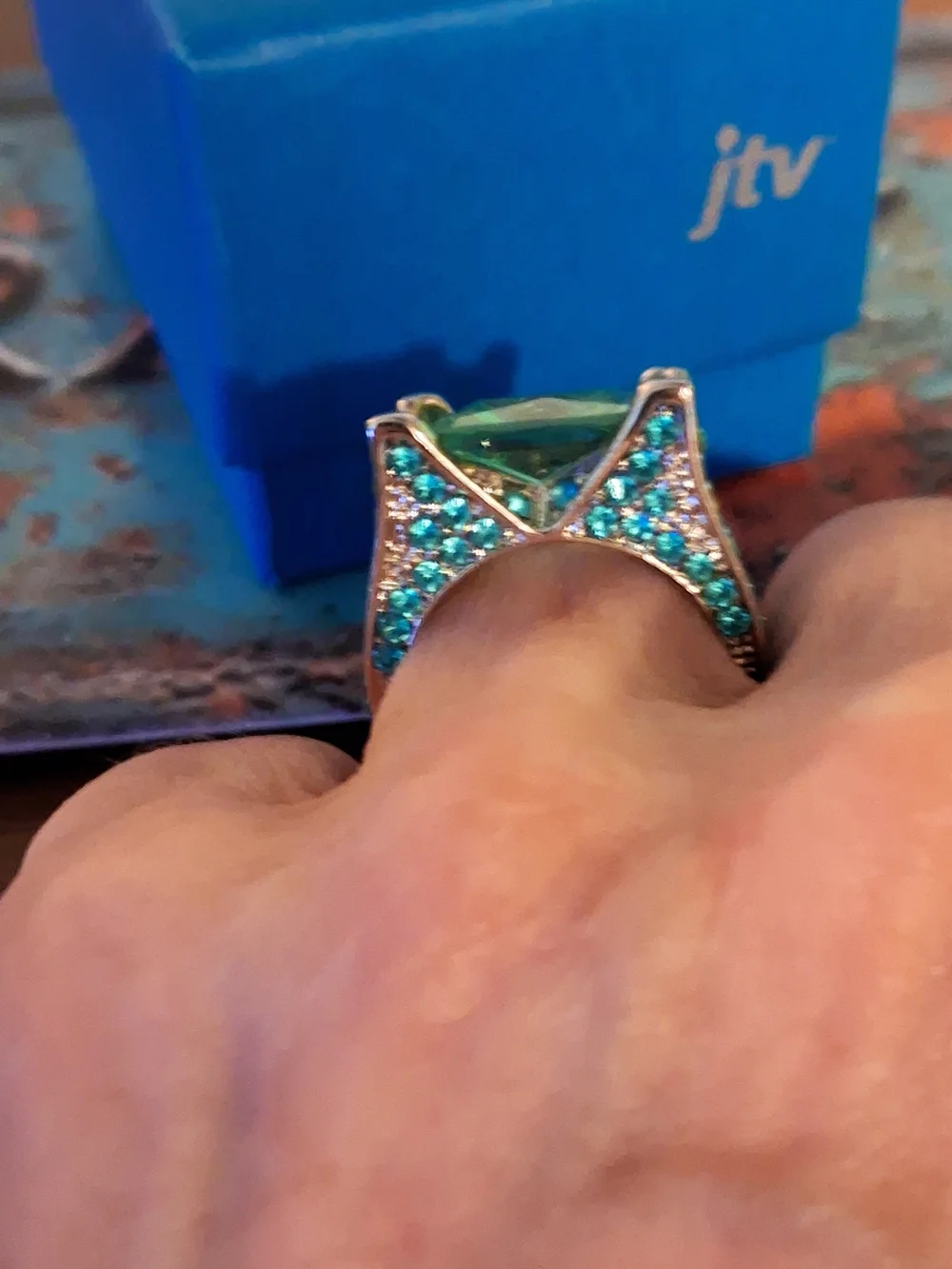 JTV Silver Green Cubic Zirconia Cocktail Ring